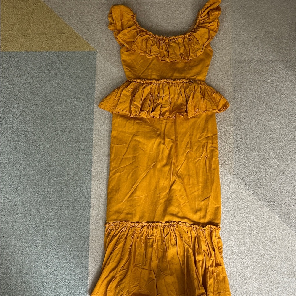 Vivi Design Chic Mustard Ruffle Maxi Dress